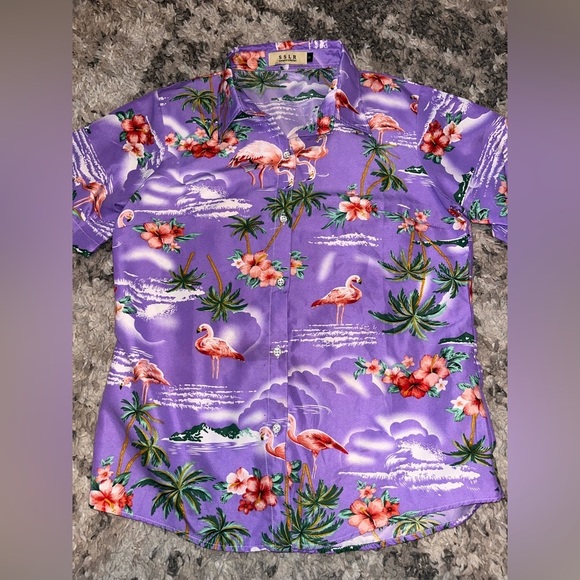 SSLR Tops - Tropical Flamingo Print Women's Button Down Shirt